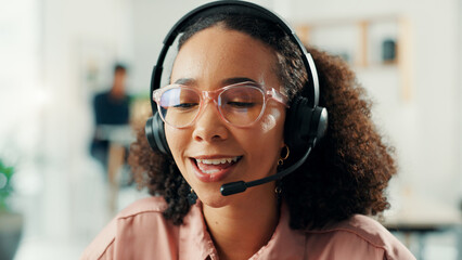 Leinwandbilder - Consulting, headset and support with woman in call center for assistance, help or lead generation. Communication, conversation and mic with virtual assistant at work in customer service for feedback