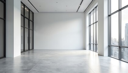 Poster - Spacious office interior with white walls windows city view. 3d render. Empty space, concrete floor with copy space. Large windows offer urban cityscape panorama. Perfect for business design
