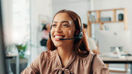 Leinwandbilder - Headset, happy and virtual assistant in office with online appointment setting, schedule or support. Audio tech, consultation and female receptionist with call for crm integration in workplace.