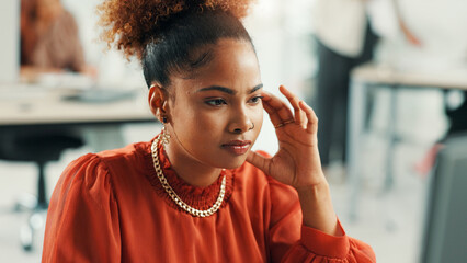 Poster - Burnout, frustration or stress with designer woman in office for project or reporting deadline. Anxiety, headache and risk with small business employee in creative startup for problem solving