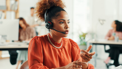 Poster - Headset, woman and receptionist talking in office with online appointment setting, schedule or support. Audio tech, consultation and virtual assistant with call for crm integration in workplace.