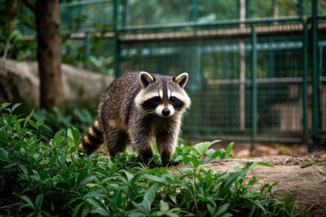 there is a raccoon walking on a rock in a zoo