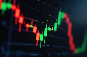 Leinwandbilder - Close-up stock market exchange candlestick chart. Red green candles on screen shows financial data changes in global market. Business, finance, investment, trading concept.