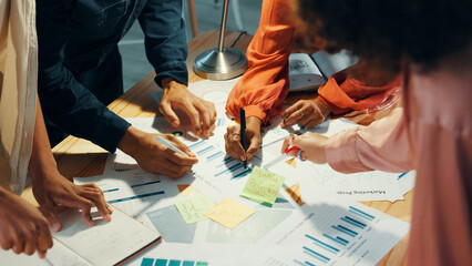 Aufkleber - Hands, graphs and group of business people planning strategy, performance analysis and writing on paper. Charts, documents and collaboration with financial stats, revenue and profit in office above