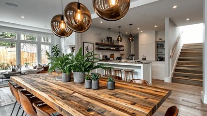 Aufkleber - This contemporary dining space showcases a wooden table surrounded by stylish chairs and greenery.