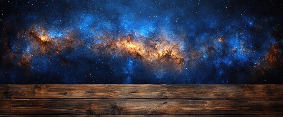 Wooden planks with a vibrant nebula background. Colors range from yellow to blue and hints of white
