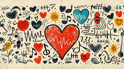 Poster - A vibrant mural features a large red heart surrounded by musical notes and various abstract designs, bringing a lively artistic touch to the urban space.