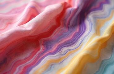 Aufkleber - Abstract painting on fabric, waves of color. Pink, purple, yellow, blue shades, flowing liquid design, soft texture. Decorative art, artistic background, textile design for fashion or interior.