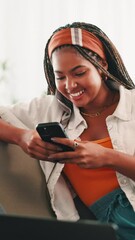 Poster - Texting, phone or black woman in home laughing of social media, dating application or chat subscription. Funny joke, relax or girl with mobile message or smile for post, flirting or romantic match
