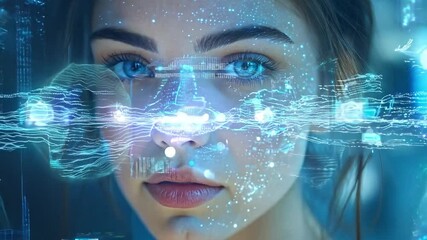 Aufkleber - The young woman with captivating blue eyes appears deep in thought, illuminated by vibrant digital effects in a futuristic environment.