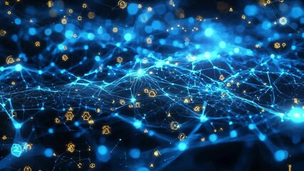 Fototapete - Glowing blue particles form a complex network, illustrating digital connections and data flow in an abstract, futuristic design.