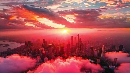 Poster - As the sun sets over Shanghai, warm colors fill the sky, casting a stunning glow on the city and highlighting the clouds below.