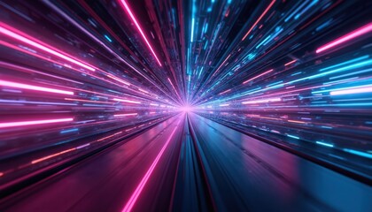 Fototapete - Abstract digital art. Neon lights speed through futuristic tunnel. Lines of light creating data flow. Cyberpunk, tech, internet, modern concept, with purple, blue and pink colors.