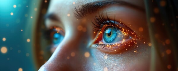 Poster - Close-up of woman eye with bright blue iris. Magical sparks, bokeh effect. Concept of technology, future, AI, cyberspace, vision, digital art. Modern, futuristic. Female gaze, science, data.