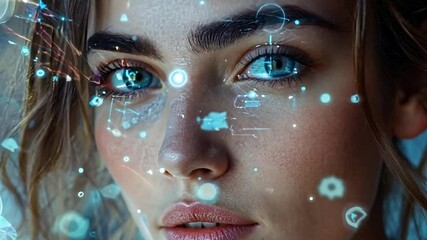 Poster - A young woman gazes with captivating blue eyes, her face illuminated by intricate digital patterns symbolizing technology's influence on humanity.