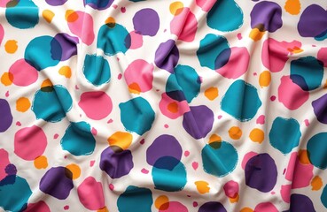 Leinwandbilder - Vibrant multicolored fabric with painted circles spots pattern. Modern youth clothing abstract design. Dots print texture, trendy textile, colorful textile for fashion, apparel, art, background.