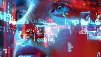 Leinwandbilder - A young man gazes upward, with vibrant digital patterns illuminating his face, creating a striking contrast in a dimly lit, tech-inspired environment.