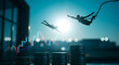 © abu - Financial Growth and Investment with Silhouette of People Jumping Over Stacks of Coins Against Cityscape