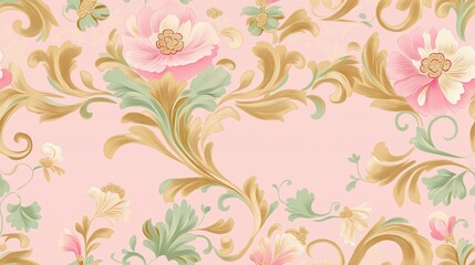  Vintage Seamless Floral Pattern with Pink Flowers and Gold Swirls – Elegant Design on Soft Pastel Background
