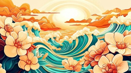 Wall Mural - Experience the fusion of abstract art and floral motifs in an oceanic setting.