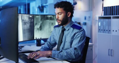 Aufkleber - Security guard, typing and man with computer, office and service for safety with surveillance and system. Night, law enforcement and person with tech for inspection, screen or cctv in control room