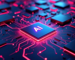 Aufkleber - A glowing AI microchip surrounded by intricate circuitry, illuminated with vibrant pink and blue lights.