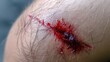 © zhou yan - Close-up of fresh bleeding wound with oozing red blood on human inner thigh, showing detailed skin texture with sparse body hairs and mild inflammatory pinkish discoloration. Medical injury concept fo