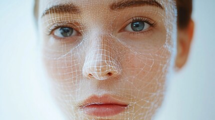 Woman's face with futuristic skin technology overlay for beauty and science