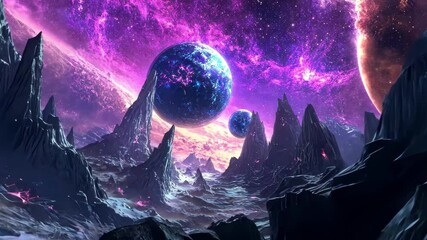 Wall Mural - futuristic landscape showcasing vibrant celestial bodies and rugged formations in deep space environ