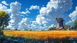 © THUNYATAT KRAKANDEE - Scenic windmill landscape rural field digital art bright sky vibrant colors