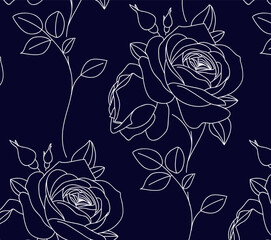 Aufkleber - Seamless pattern with abstract line garden rose with leaves. Blossoming outline flowers on dark blue background. Vintage floral hand drawn wallpaper. Vector stock illustration.