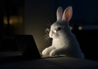 White rabbit working on a laptop at night