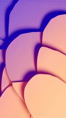 Abstract arrangement of geometric shapes in peach, purple, violet and shadow creates a modern three dimensional layered design.