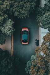 Leinwandbilder - Aerial Autonomy Next-Gen Electric Vehicle Navigating Green Corridors - Smart Mobility Meets Sustainable Urban Design in Cinematic Drone Perspective