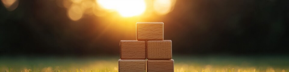 Aufkleber - Mindful Strategy and Collaborative Innovation Wooden Block Tower Symbolizing Adaptive Leadership, Team Resilience, and Emerging Workplace Dynamics in Soft Golden Light
