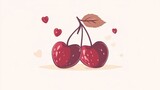 Cute Cartoon Cherries with Hearts and Leaf Decoration on Soft Background