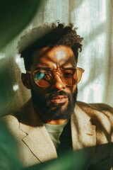Poster - Urban Professional Aesthetic Contemplative Millennial Executive in Warm Tonal Styling, Embodying Mindful Leadership and Contemporary Workplace Authenticity