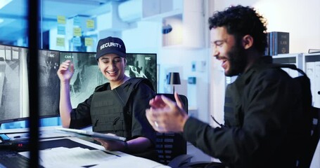 Poster - Teamwork, security and people with success, fist bump and cctv in night shift for safety goals. Surveillance, camera footage, happy and friends with handshake in control room for guard protection
