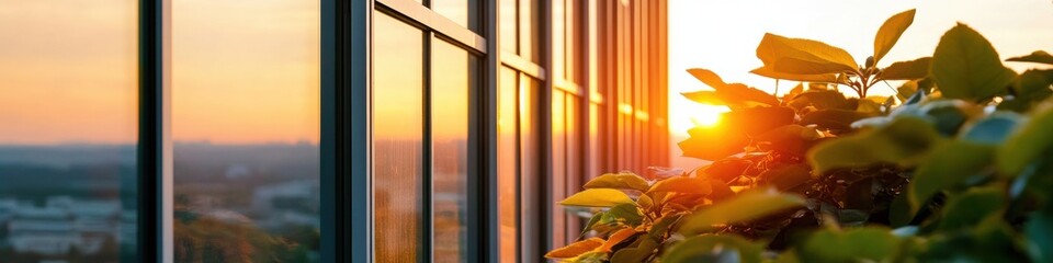 Aufkleber - Golden Hour Wellness Sanctuary Sustainable Urban Design Framing Natures Harmony Through Architectural Glass - Mindful Workspace Transformation and Biophilic Inspiration