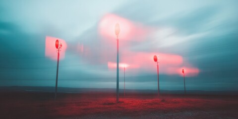 Poster - Liminal Dreamscape Ethereal Neon Horizon with Glowing Signal Poles - Surreal Atmospheric Digital Art Exploring Transitional Spatial Aesthetics and Emotional Landscape