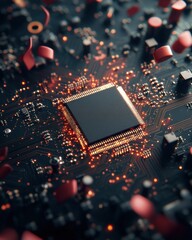 Poster - Quantum Computing Revolution Illuminated Microchip Circuit Board with Advanced Computational Nodes - Next-Generation Tech Innovation Visualization