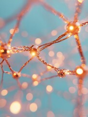 Fototapete - Interconnected Innovation Luminous Neural Network Visualization with Copper Wiring and Soft Blue Backdrop - Emerging Tech Connectivity and Digital Transformation Insights
