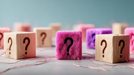 Poster - AI-Powered Problem Solving Interactive Wooden Question Mark Blocks Visualizing Network Connections, Digital Innovation, and Curiosity-Driven Exploration in Modern Business Intelligence
