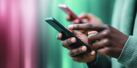 Aufkleber - Digital Native Connectivity Sleek Smartphone Interaction in Vibrant Gen Z Workspace - Seamless Mobile Engagement and Next-Gen Professional Networking