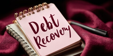 Poster - Minimalist Debt Recovery Workflow Elegant Financial Recovery Notebook on Burgundy Textile - Digital Age Credit Restoration Strategies for Modern Professionals