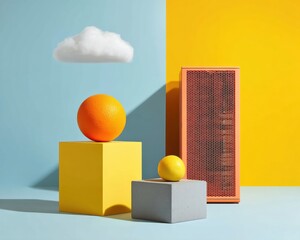 Fototapete - Minimalist Tech-Inspired Geometric Composition Bold Color Block Design with Spheres, Cloud Symbolism, and Contemporary Spatial Visualization
