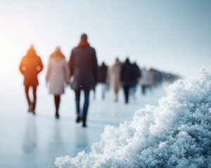 Aufkleber - Minimalist Winter Journey Ethereal Urban Mobility Showcasing Collective Movement Through Frosty Landscape - Resilient Workplace Connectivity and Adaptive Professional Dynamics