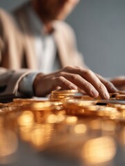 Poster - Minimalist Financial Strategy Golden Coin Stacking with Professional Hands, Illuminating Investment Planning and Wealth Management Insights for Modern Entrepreneurs