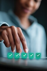 Leinwandbilder - Digital Compliance Revolution Minimalist Professional Verifying Quality Control Standards with Interactive Virtual Certification Checkmarks in Modern Workplace