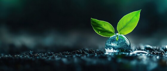 Poster - Eco-Innovative Water Conservation Concept Vibrant Seedling Emerging from Crystalline Droplet, Symbolizing Sustainable Growth and Environmental Resilience in Digital Branding Era